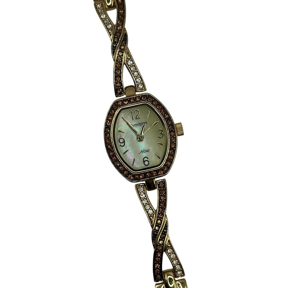 Armitron Now Womens Gold Tone Crystal Mother of Pearl Watch 75/4039GP New Batt